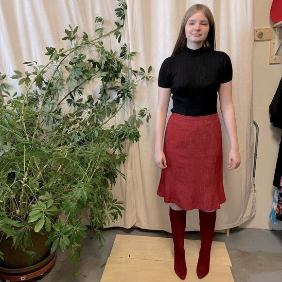 Vintage 90s Kasper Red-Orange Fringed Tweed Blazer & Skirt Suit Set, Size Medium - Picture 5 of 11